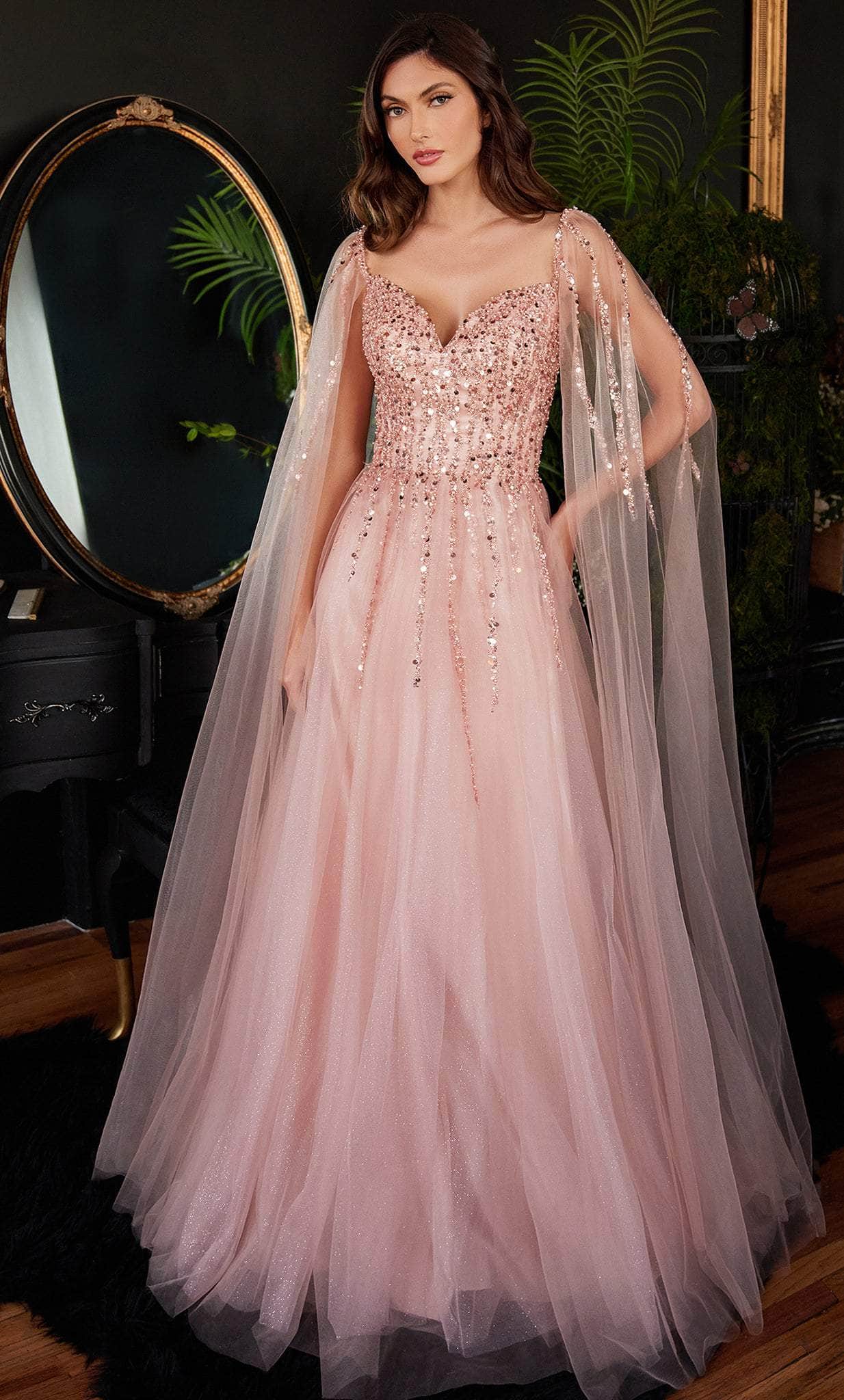 Cape Js Prom Side Ladivine CD0204 - Embellished Cape Sleeve Prom Dress – Couture Candy