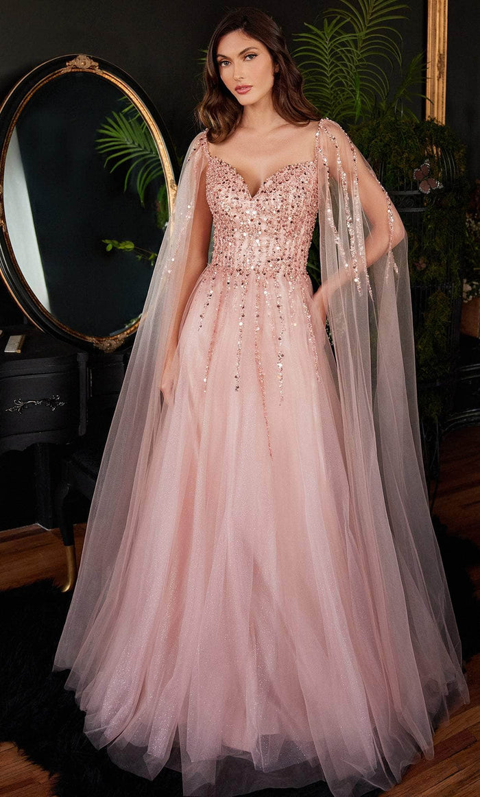 Ladivine CD0204 - Embellished Cape Sleeve Prom Dress Prom Dresses XS / Blush