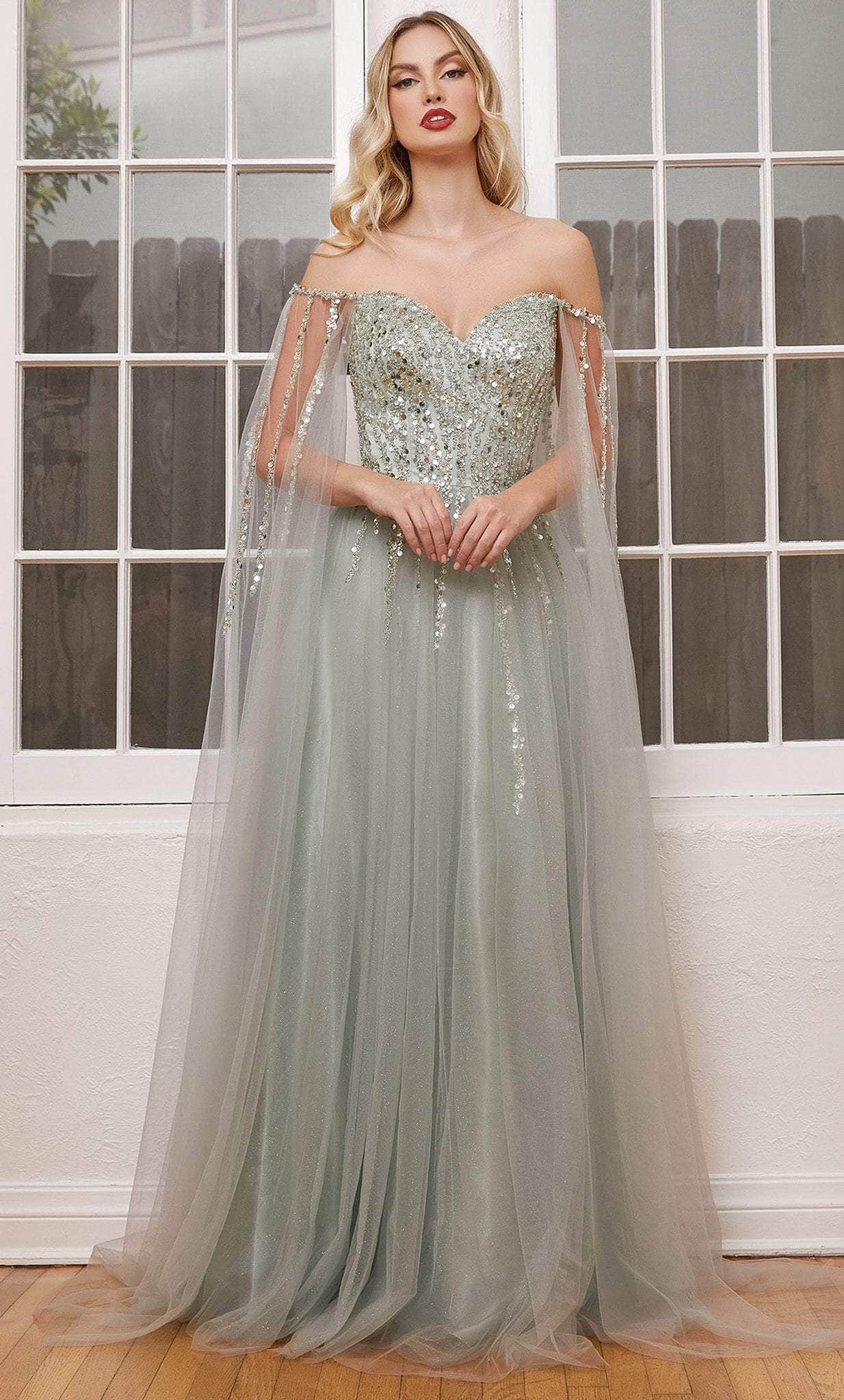 Cape Js Prom Side Ladivine CD0204 - Embellished Cape Sleeve Prom Dress – Couture Candy