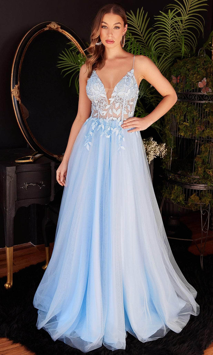 Ladivine CD2214 - Plunging V-Neck Appliqued Prom Gown Prom Dresses 2 / Blue