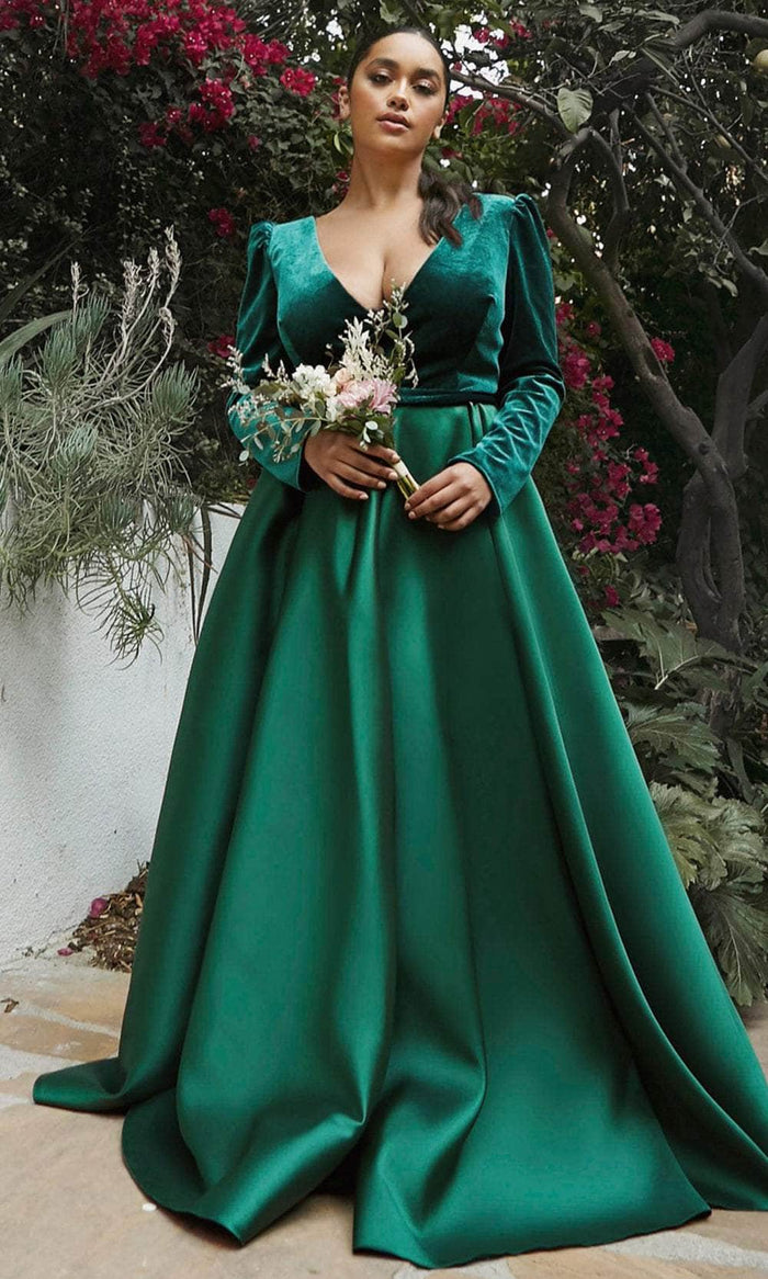 Ladivine CD226 - Puffed Sleeve Pleated Evening Gown Ball Gowns 2 / Emerald