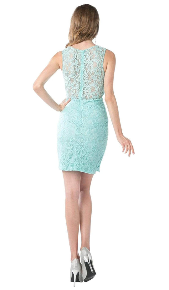 Ladivine CF067S - Sleeveless Illusion Jewel Lace Sheath Fitted Short Dress