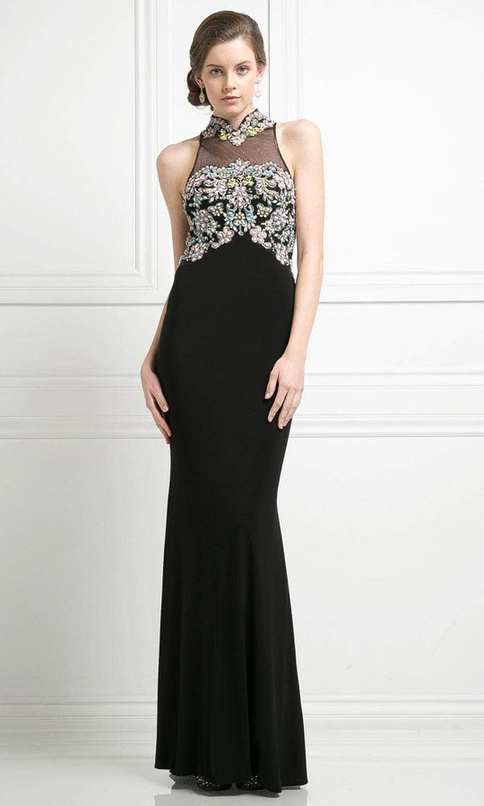 Ladivine CK43 - Rhinestone Accented Halter Gown Evening Dresses 2 / Black