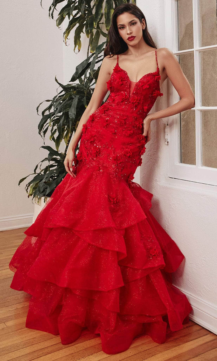 Ladivine CM329 - Floral Detailed Mermaid Tiered Gown Special Occasion Dress 2 / Red