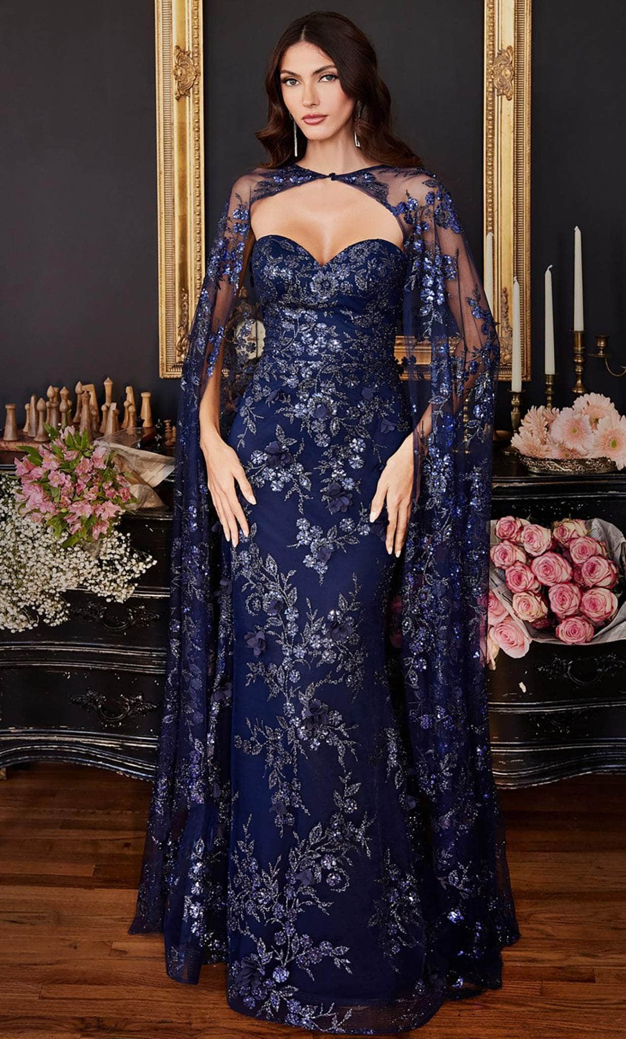 Cape Js Prom Side Ladivine J834 - Glitter Cape Prom Dress – Couture Candy