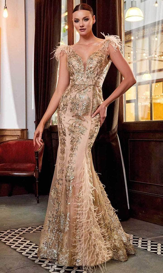 Ladivine - Plunging V-Neck Glittered Evening Gown C57 - 1 pc Gold in Size 8 Available CCSALE 8 / Gold