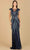 Lara Dresses 29167 - Beaded Fringe V-Neck Evening Gown Special Occasion Dress 4 / Navy