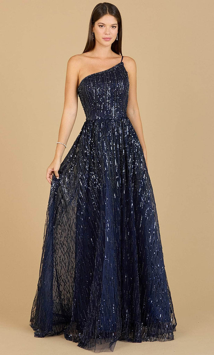 Lara Dresses 29194 - One Shoulder Ornate Evening Dress Special Occasion Dress 2 / Navy