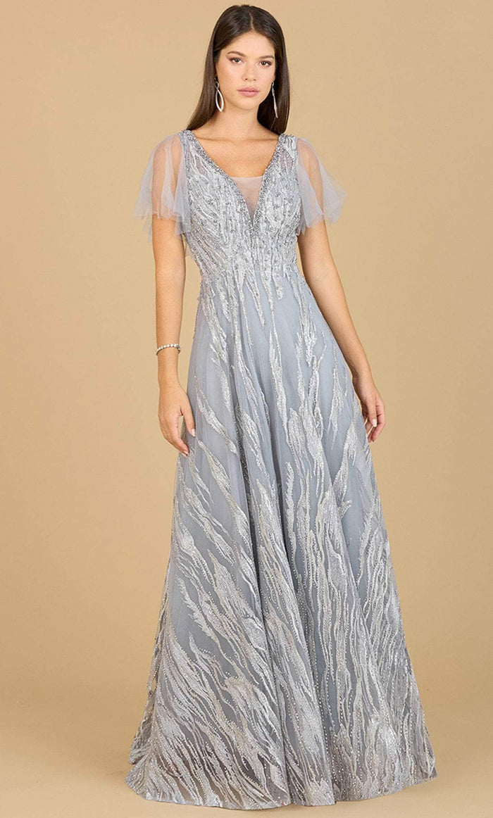 Lara Dresses 29201 - V-Neck Sheer Cape Sleeve Evening Gown Special Occasion Dress 4 / Slate