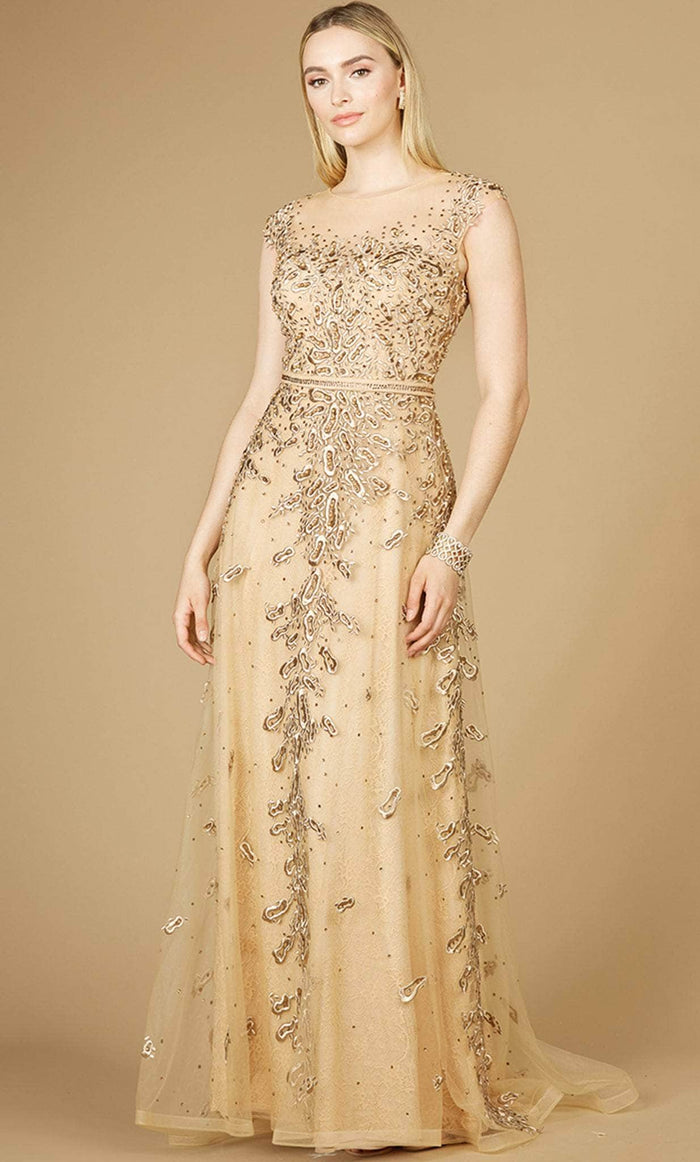 Lara Dresses 29250 - Embroidered Cap Sleeve Evening Gown Special Occasion Dress 4 / Gold
