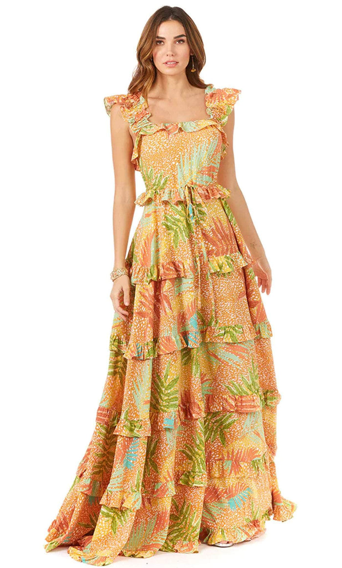 Lara Dresses 29280 - Tiered Floral Maxi Dress Evening Dresses 0 / Yellow Print