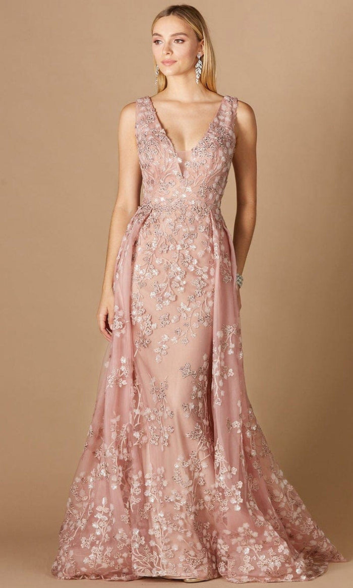 Lara Dresses 29324 - Embroidered V-neck Long Gown Prom Dresses 2 / Blush