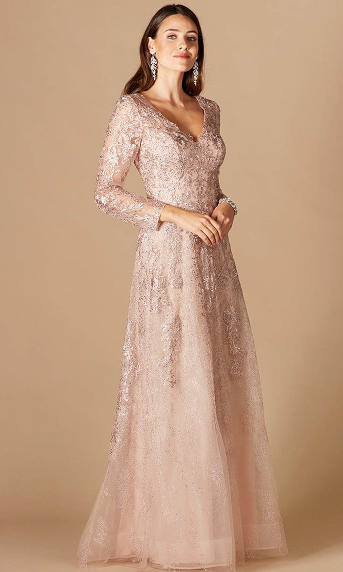 Lara Dresses 29326 - Floral Laced Plunging V Neck Long Sleeve Gown Special Occasion Dress 4 / Blush