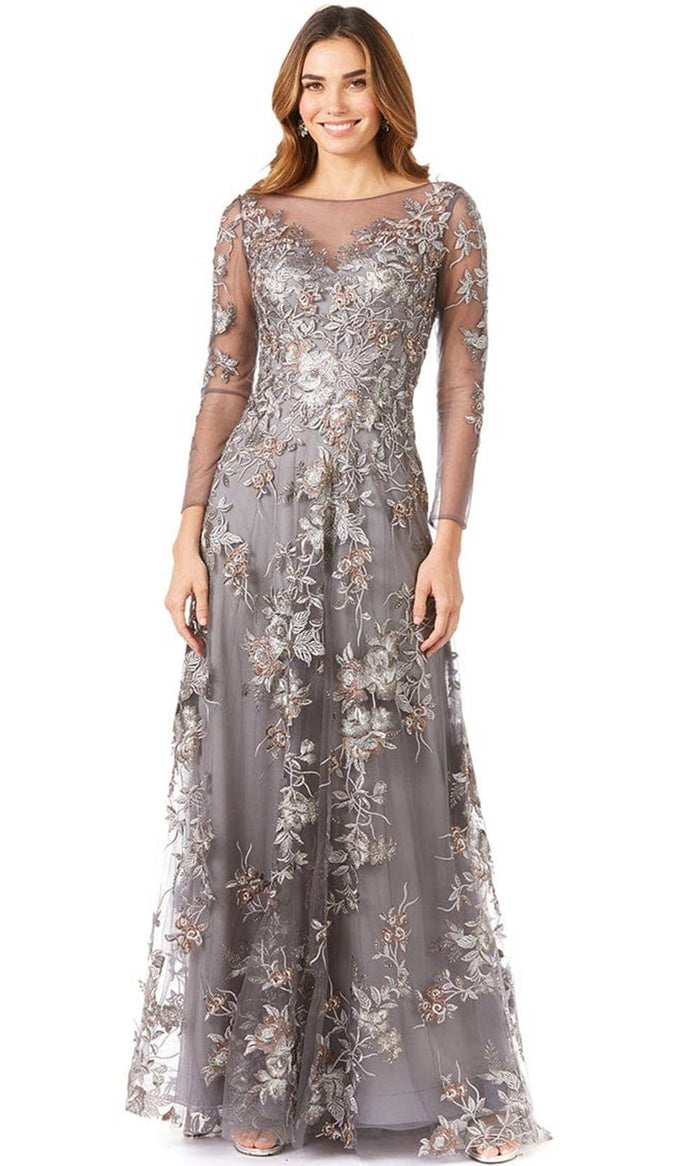 Lara Dresses 29327 - Floral Laced Sheer Bateau A Line Dress Special Occasion Dress 4 / Grey