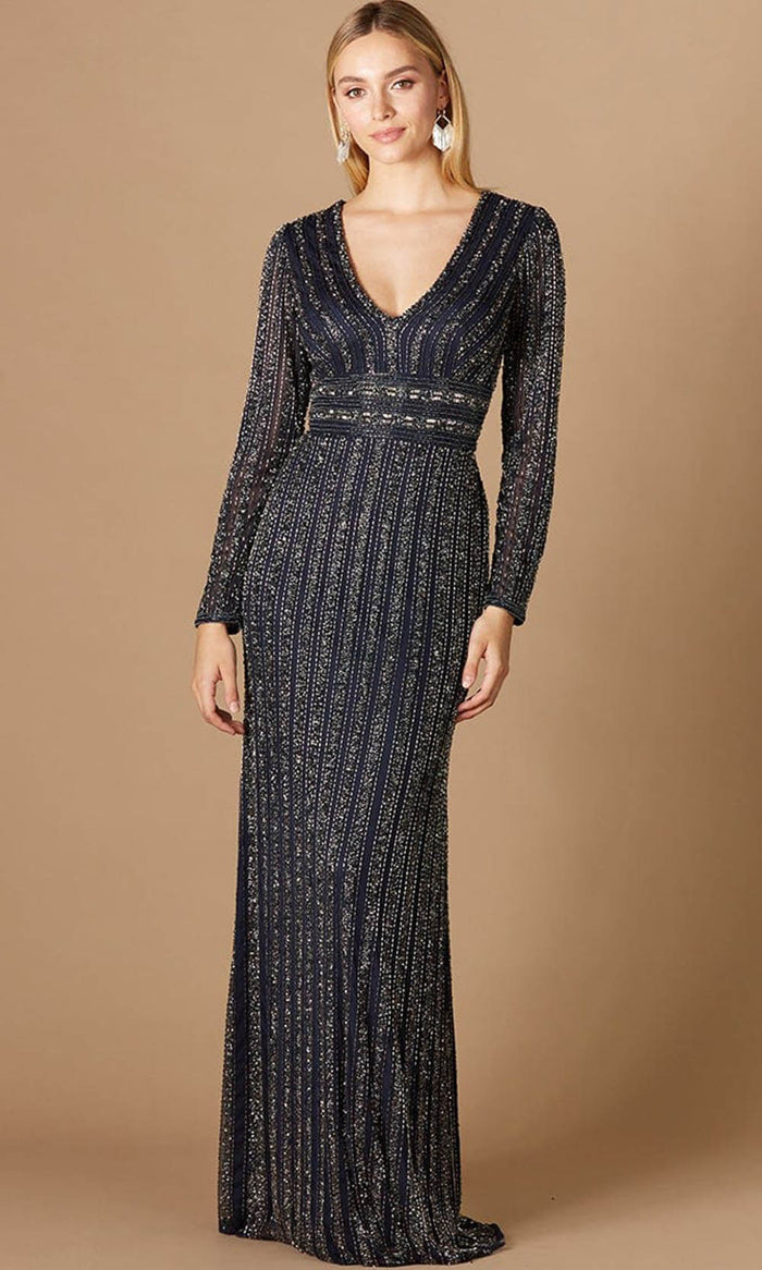 Lara Dresses 29343 - Long Sleeved Empire V Neck Evening Gown Special Occasion Dress 4 / Navy