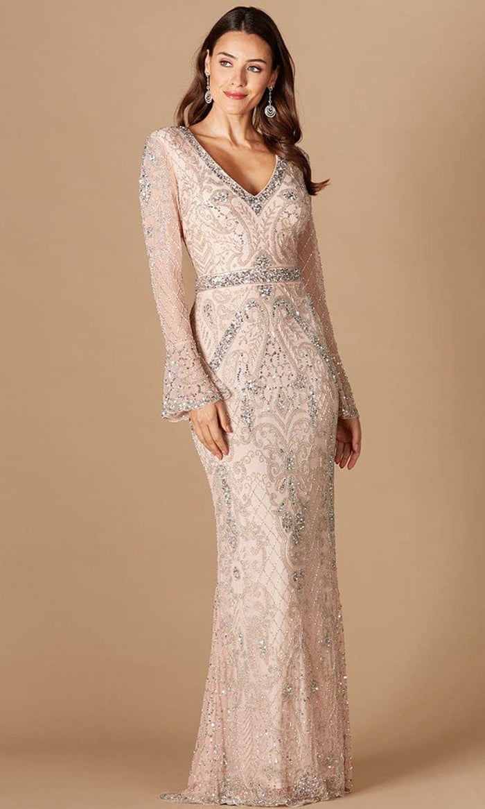 Lara Dresses 29358 - Fully Sequined Long Sheer Sleeves Formal Gown Special Occasion Dress 4 / Blush
