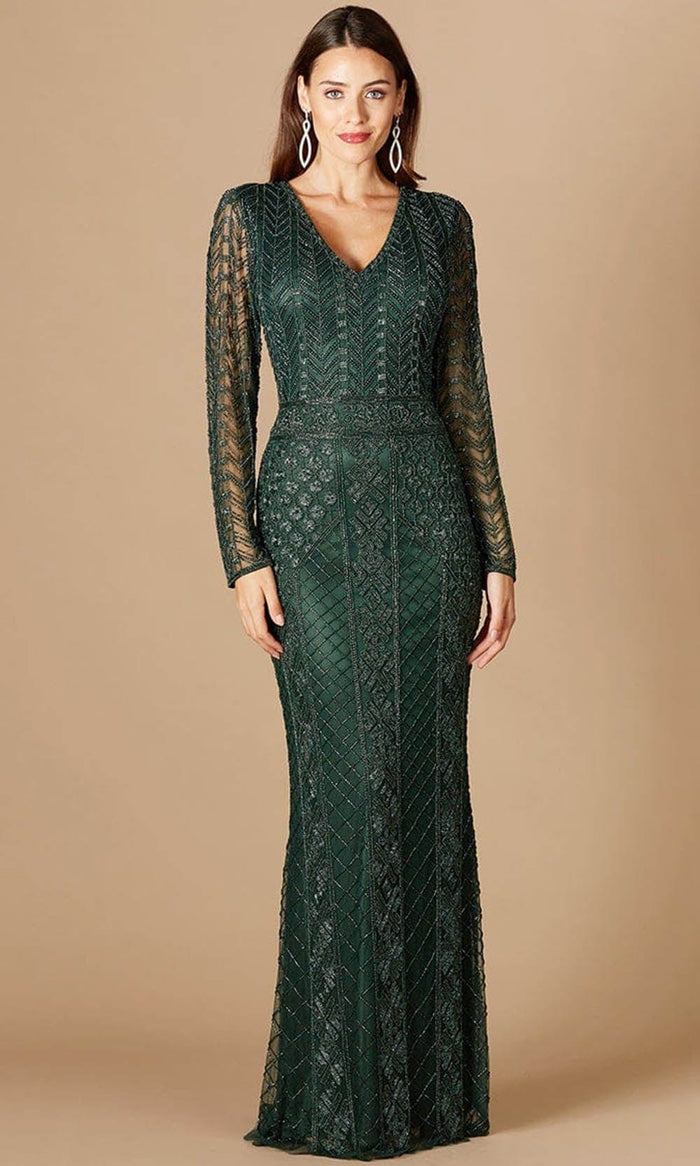 Lara Dresses 29365 - Plunging V Neck Sheered Long Sleeve Evening Gown Special Occasion Dress 2 / Green