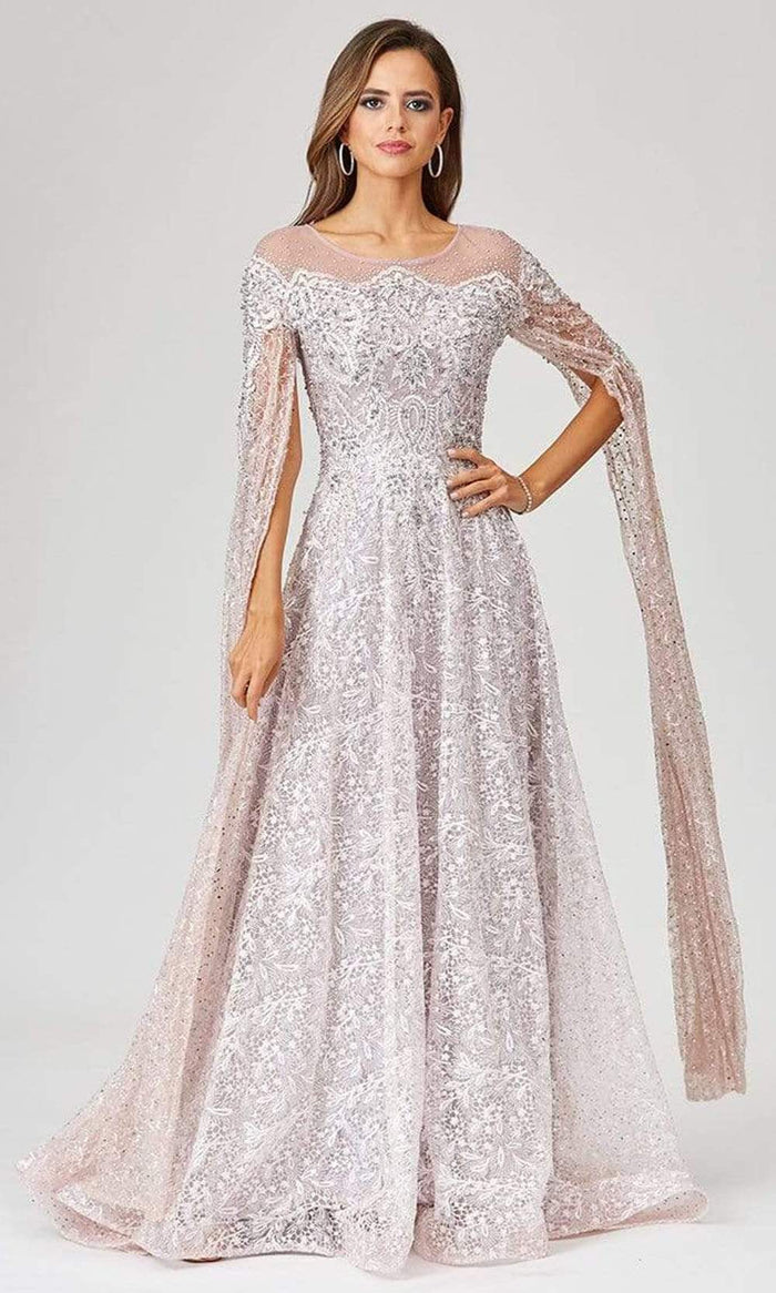 Lara Dresses - 29454 Embellished Long Sleeve A-Line Gown Mother of the Bride Dresses 0 / Powder Pink