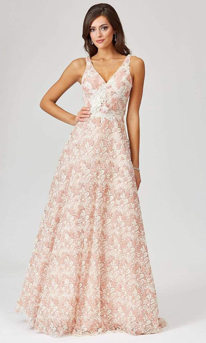 Lara Dresses - 29463 Embroidered V Neck A-Line Gown Prom Dresses 0 / Blush