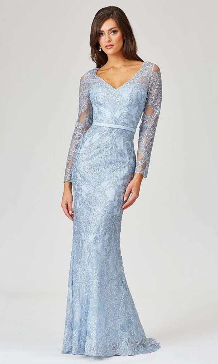 Lara Dresses - 29466 Sheer Beaded Lace Sheath Gown Mother of the Bride Dresses 0 / Light Blue