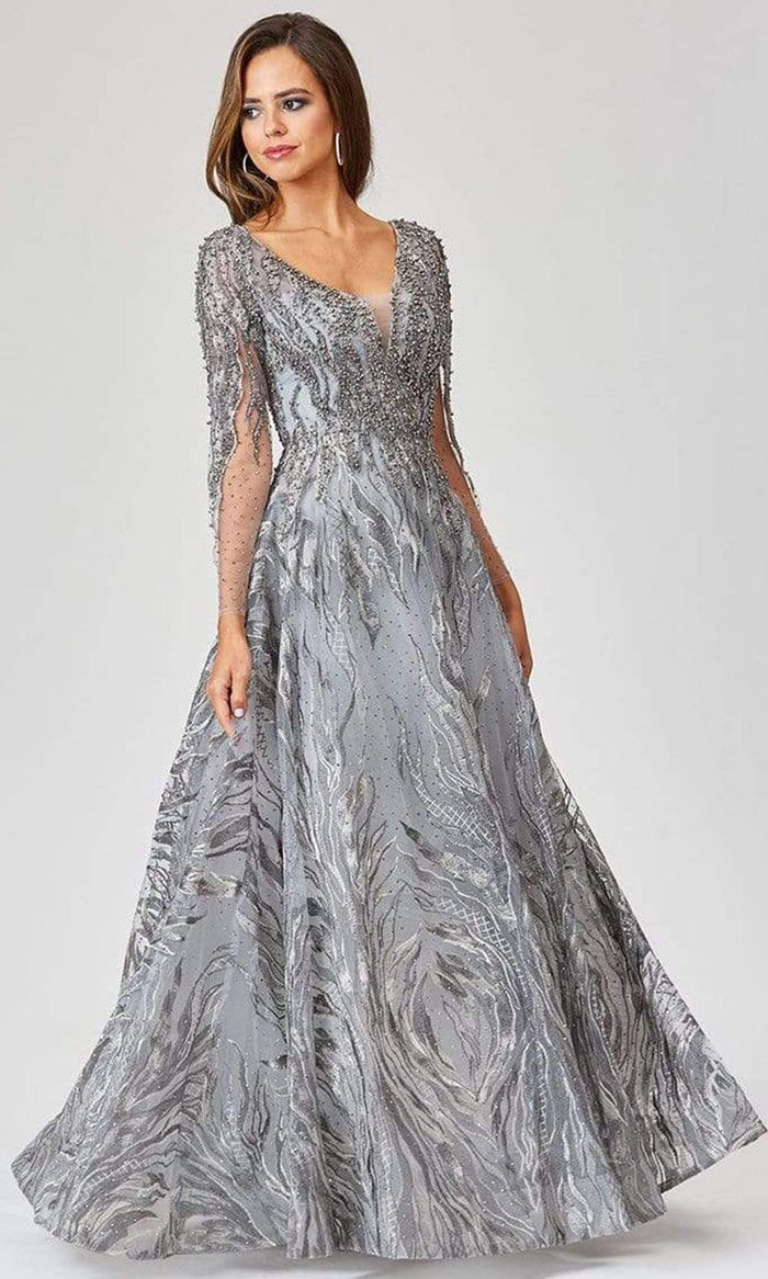 Lara Dresses - 29469 Crystal Ornate Long Sleeve A-Line Gown Evening Dresses 0 / Grey