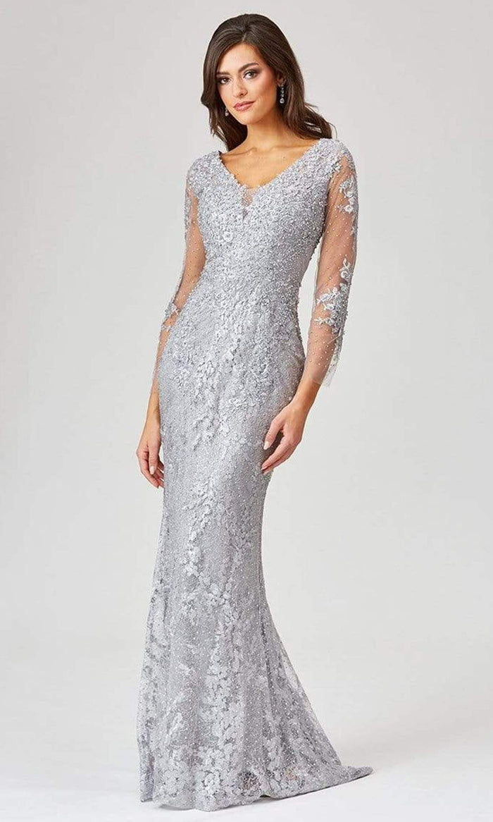 Lara Dresses - 29473 Bead-Ornate Embroidered Illusion Sheath Gown Evening Dresses 0 / Slate