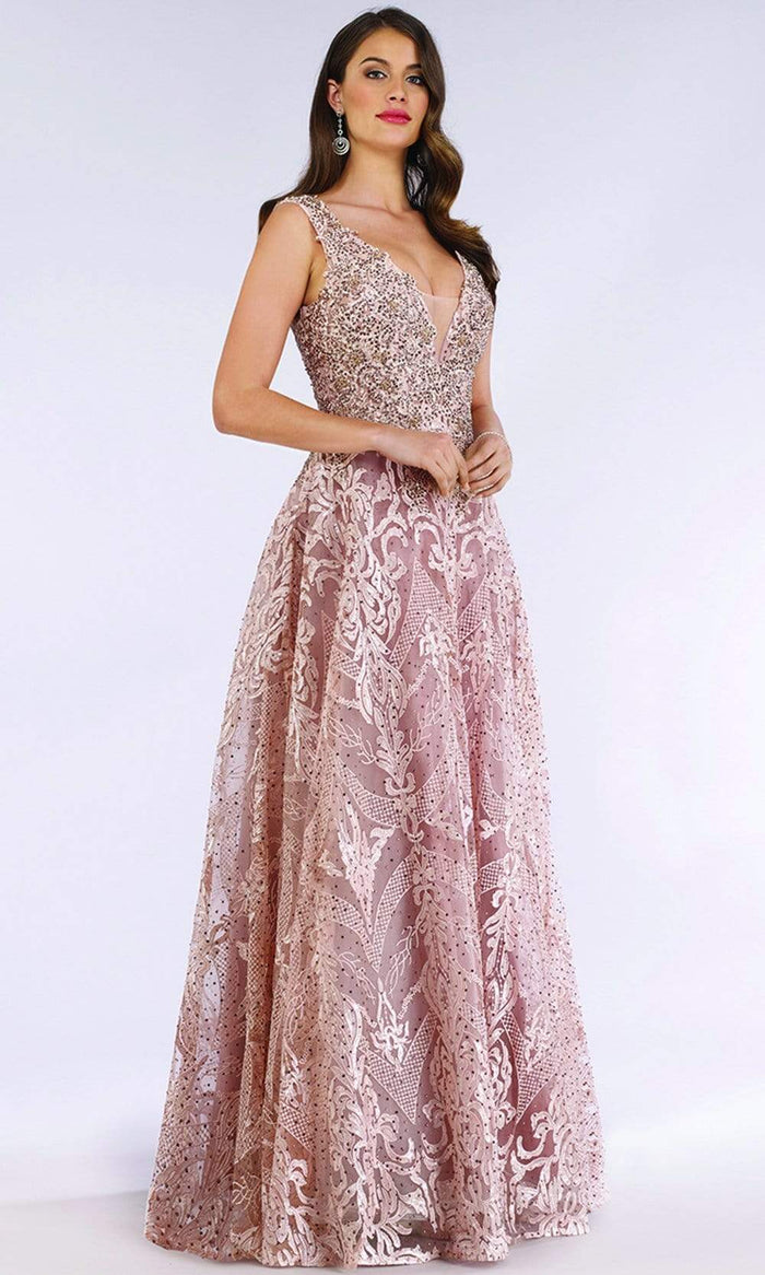 Lara Dresses - 29627 Embellished Plunging V Neck A-Line Dress Evening Dresses 4 / Dusty Rose