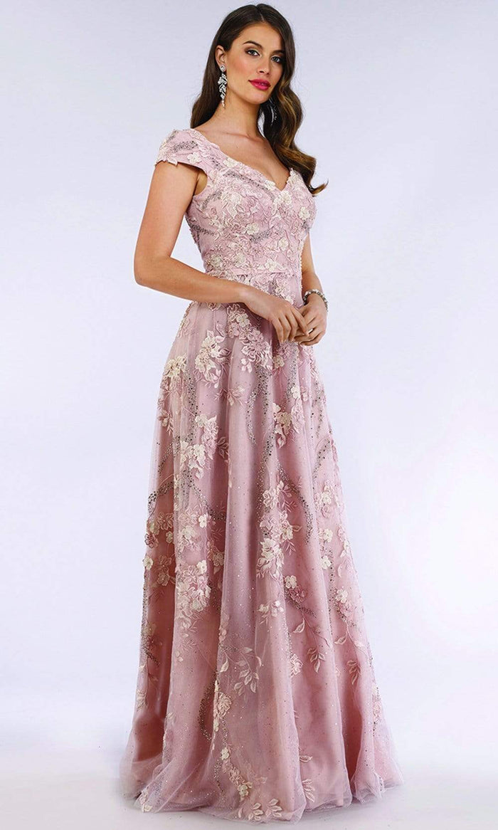 Lara Dresses - 29629 Embroidered Wide V-neck A-line Gown Evening Dresses 4 / Blush