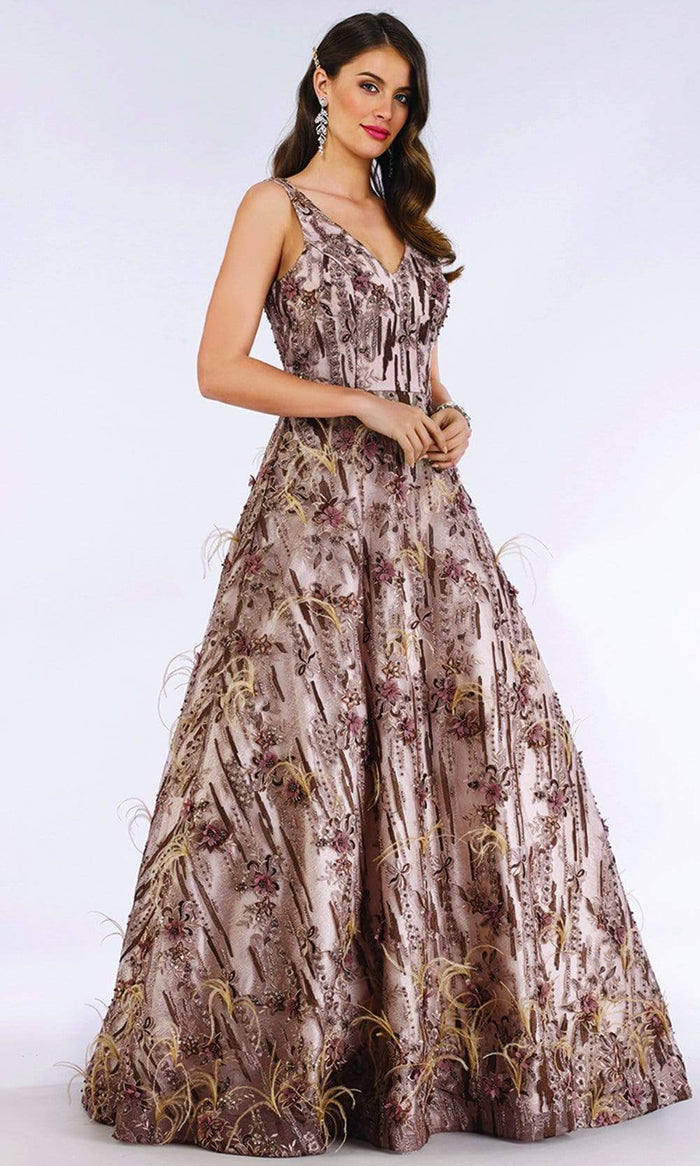Lara Dresses - 29630 Floral Accent Beaded Feather Adorned Evening Gown Prom Dresses 4 / Coffee