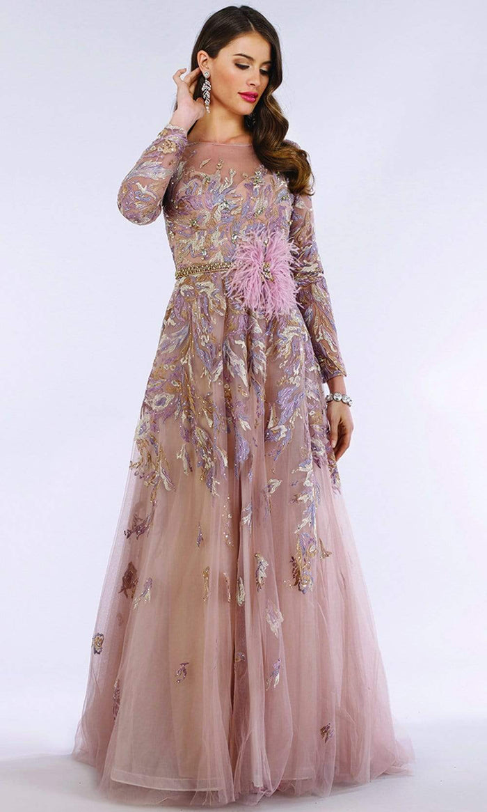 Lara Dresses - 29636 Sheer Neck Long Sleeve Feather Accent A-Line Gown Mother of the Bride Dresses 4 / Blushmulti