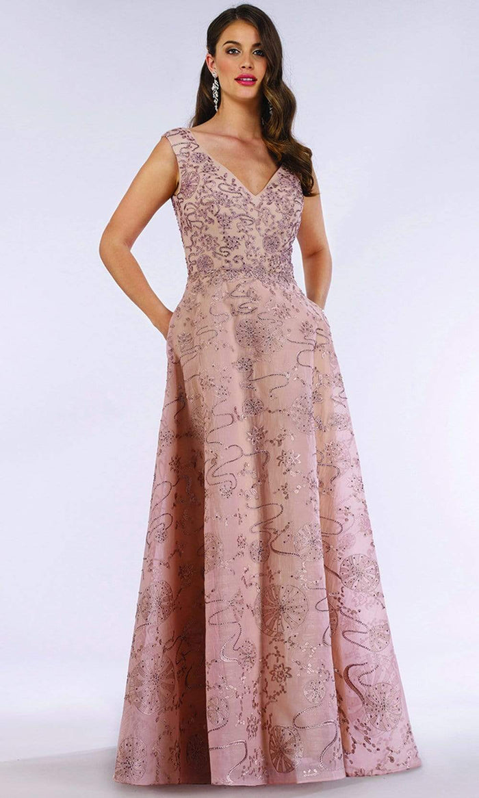Lara Dresses - 29638 Bead Embellished V Neck A-Line Gown Evening Dresses 4 / Mauve