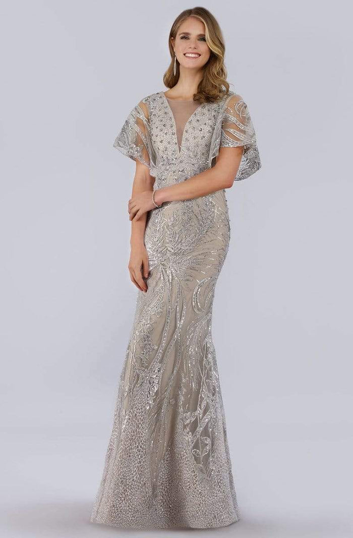 Lara Dresses - 29756 Cape Sleeves Illusion Neckline Beaded Ornate Gown Special Occasion Dress 4 / Silver