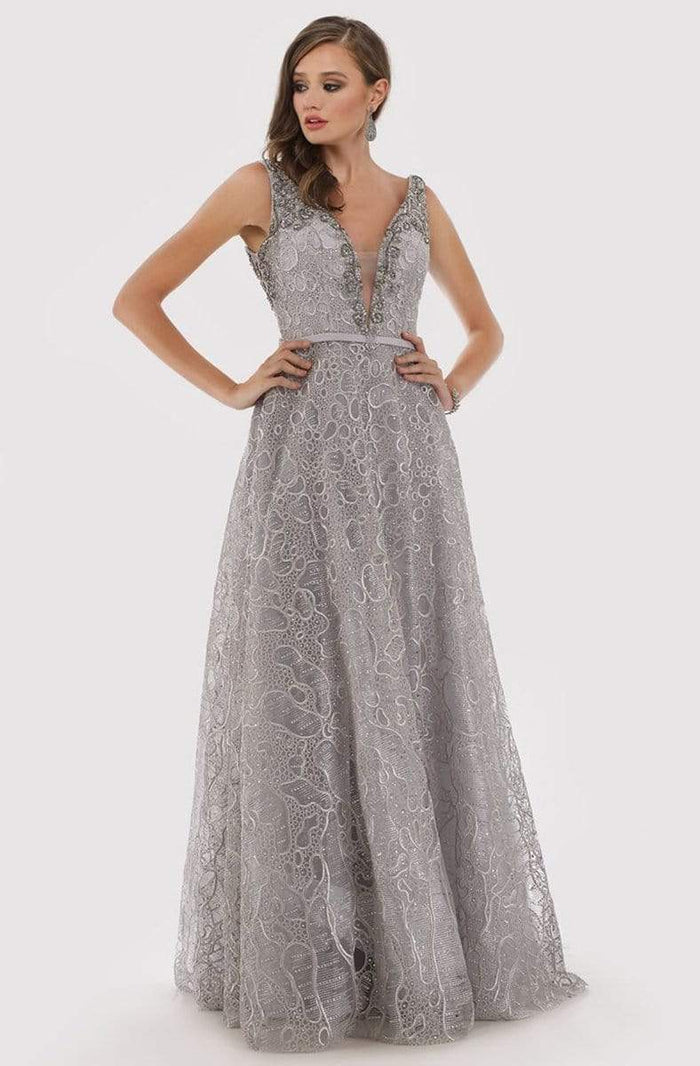 Lara Dresses - 29776 Lace Deep V-neck A-line Gown Prom Dresses 4 / Silver