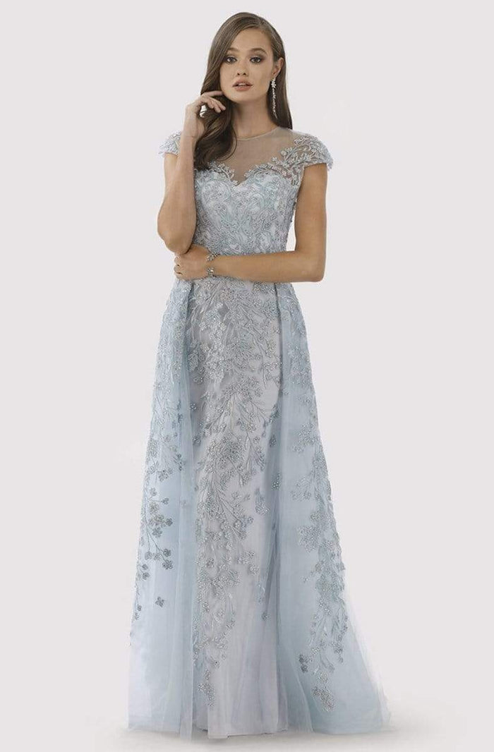 Lara Dresses - 29798 Cap Sleeve Botanical Embroidered Overskirt Gown Mother of the Bride Dresses 4 / Light Blue