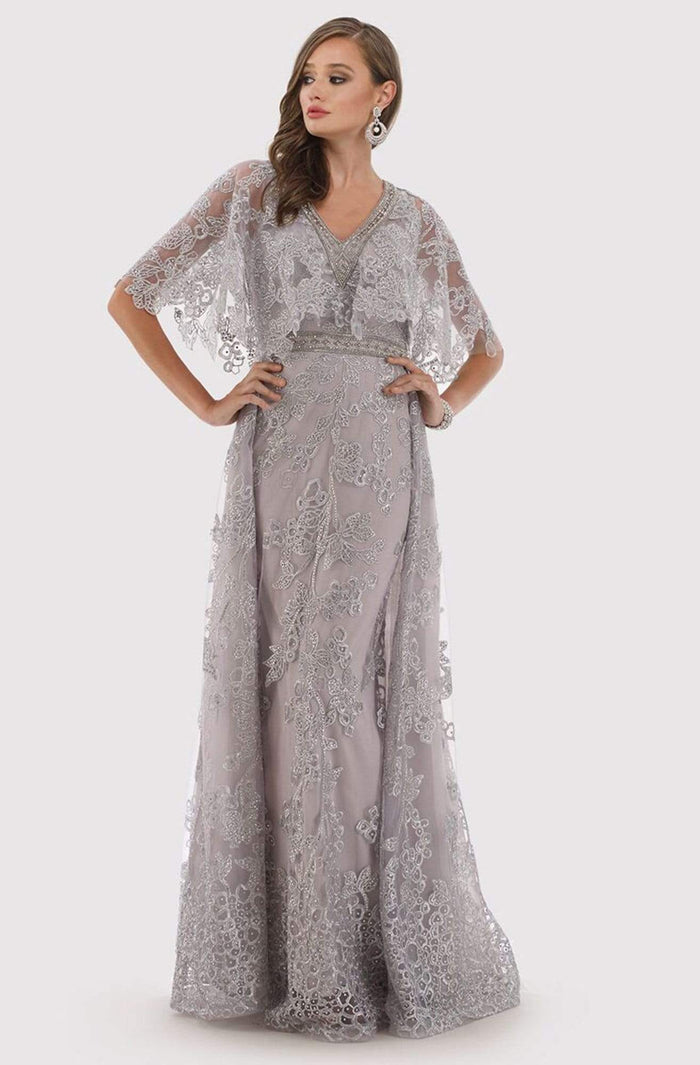 Lara Dresses - 29799 Lace Appliqued Cape Sleeve Gown with Overskirt Mother of the Bride Dresses 4 / Silver