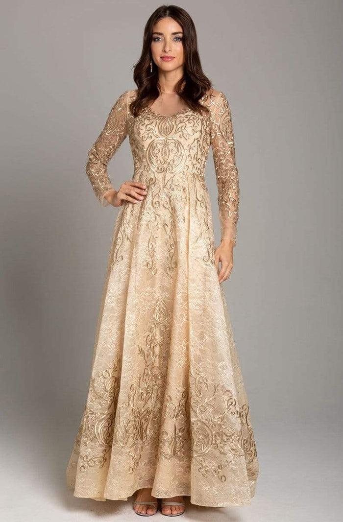 Lara Dresses - 29856 Illusion Long Sleeve Appliqued Lace A-Line Gown Special Occasion Dress 4 / Gold