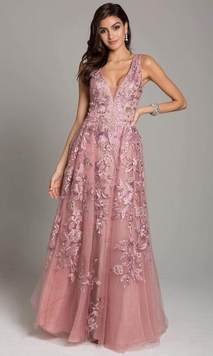 Lara Dresses - 29862 V-Neck Beaded Lace Ornate Tulle A-Line Gown Special Occasion Dress 2 / Blush