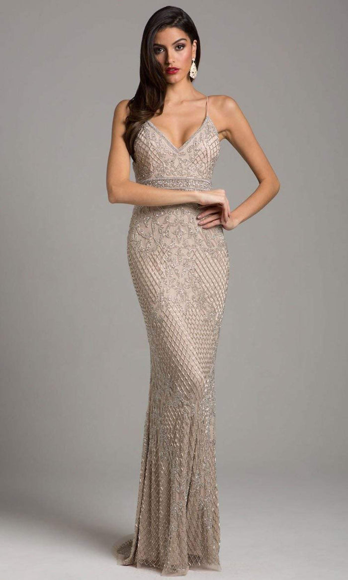 Lara Dresses - 29904 Beaded Plunging V-neck Fitted Dress Special Occasion Dress 0 / Nude/Silver