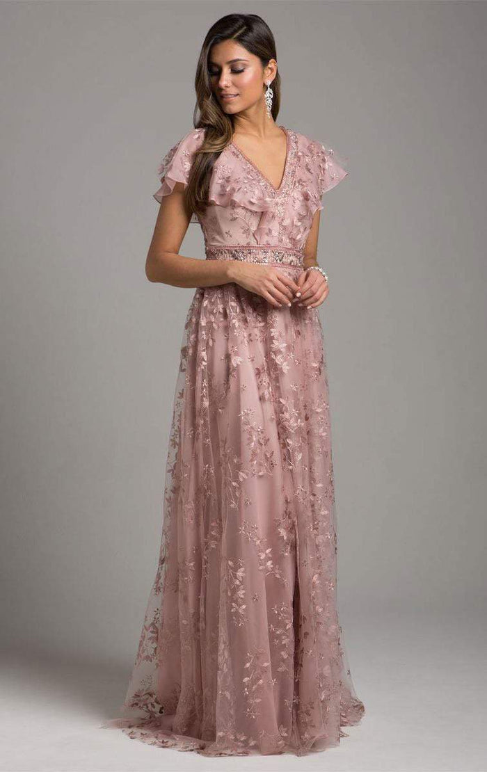 Lara Dresses - 29966 Floral Embellished V-neck Evening Dress Special Occasion Dress 6 / Mauve