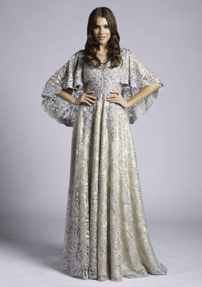 Lara Dresses - 33492 Cape Sleeves Jeweled Applique A-Line Gown Special Occasion Dress 0 / Silver