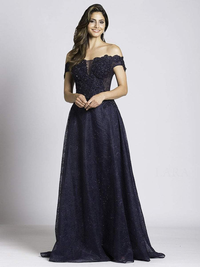 Lara Dresses - 33493 Beaded Off Shoulder Evening Gown Special Occasion Dress 0 / Navy