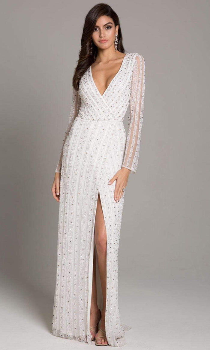 Lara Dresses - 51007 Beaded Deep V-neck Long Sleeve Sheath Dress Evening Dresses 4 / White