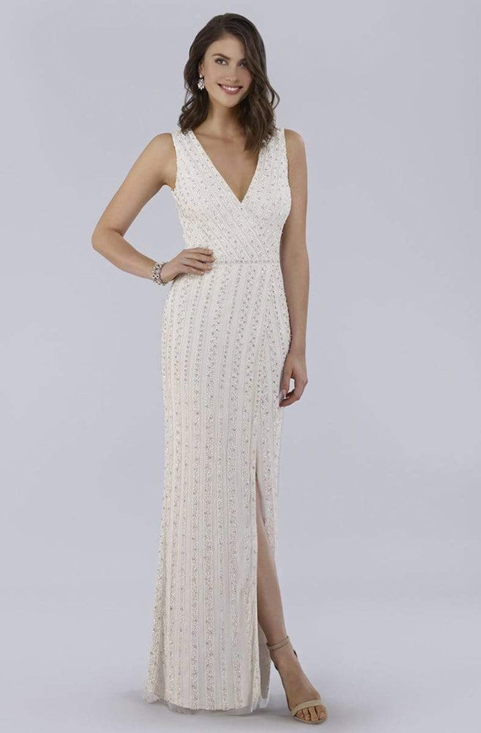 Lara Dresses - 51018 Beaded Surplice High Slit Sheath Gown Evening Dresses 0 / White