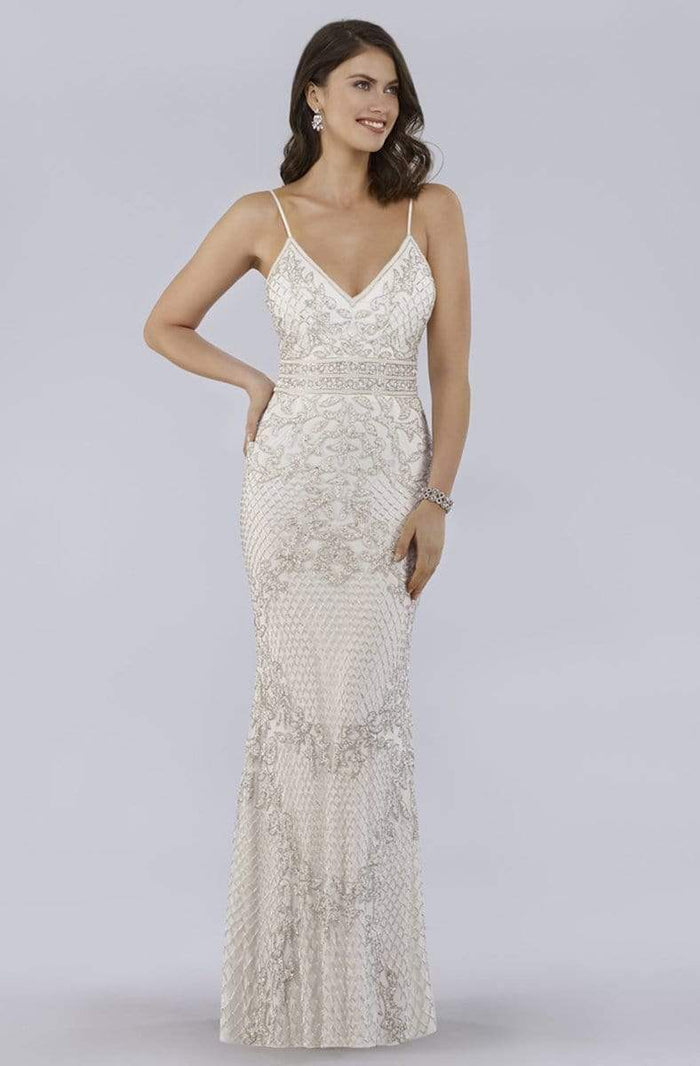 Lara Dresses - 51019 Shimmering Lattice Rendered Sheath Gown Pageant Dresses 0 / White