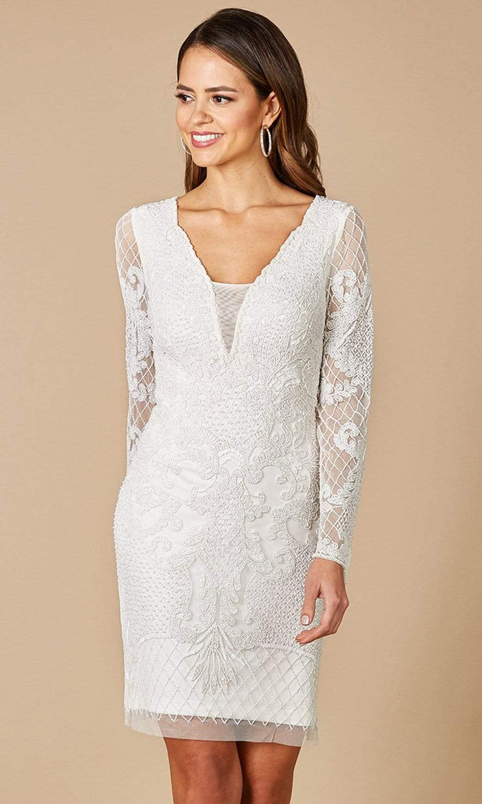 Lara Dresses - 51052 Plunging V-Neck Sheath Dress Bridal Dresses 2 / Ivory
