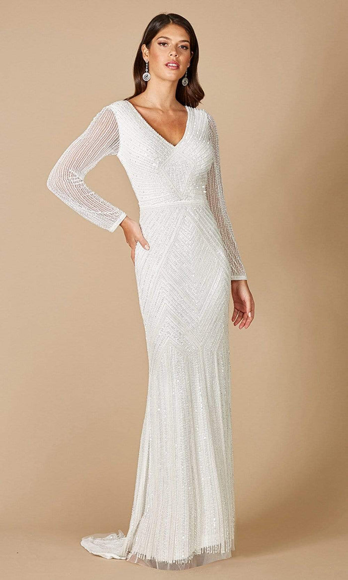 Lara Dresses - 51088 Long Sleeve Embellished Column Gown Wedding Dresses 0 / Ivory