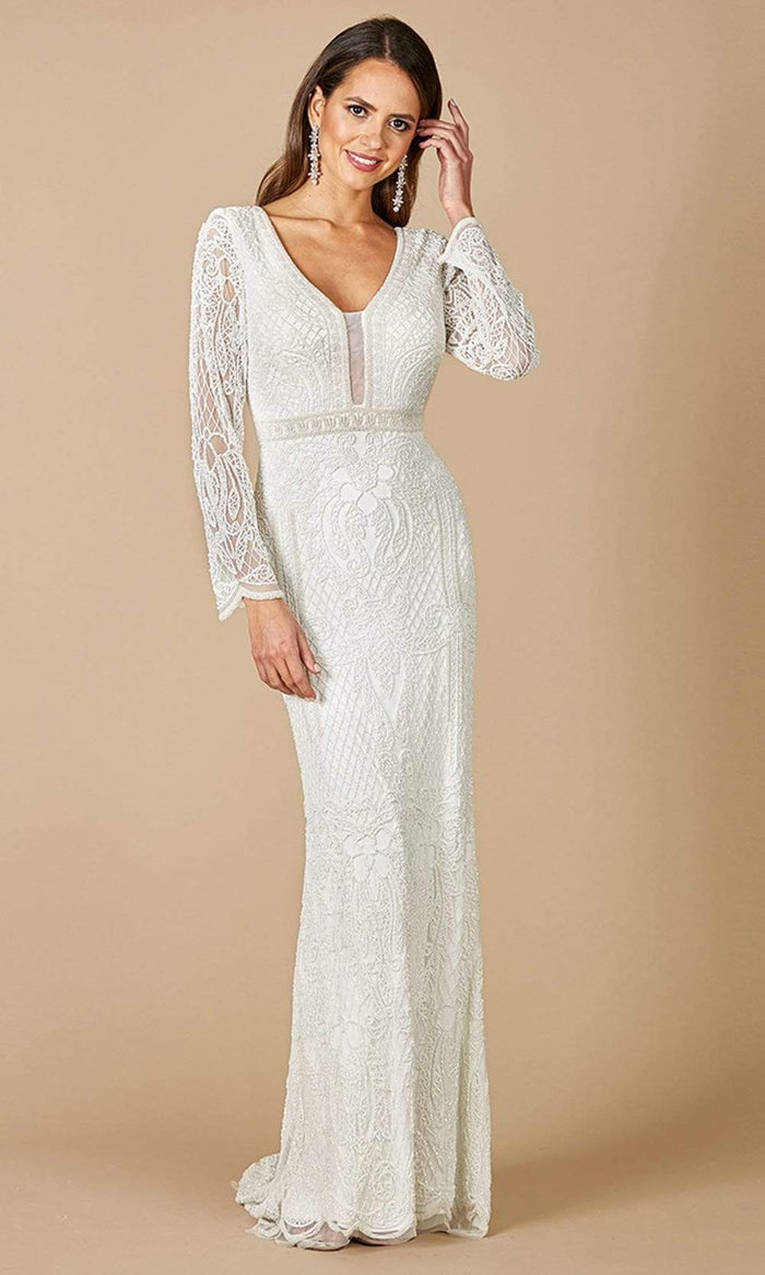 Lara Dresses - 51090 Long Sleeve Textured Column Dress Bridal Dresses 0 / Ivory
