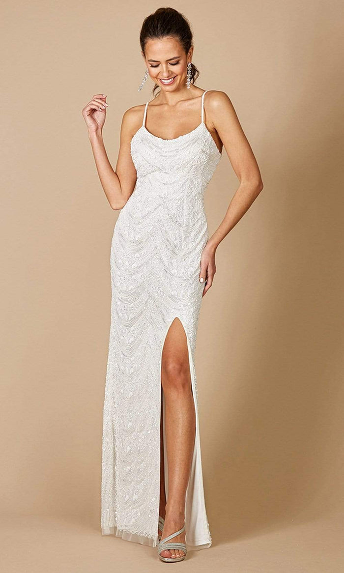 Lara Dresses - 51092 Scoop Neck Embellished Slit Dress Wedding Dresses 0 / Ivory