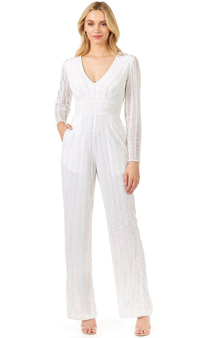 Lara Dresses 51108 - Empire V Neck Sheer Long Sleeved Jumpsuit Special Occasion Dress 0 / Ivory