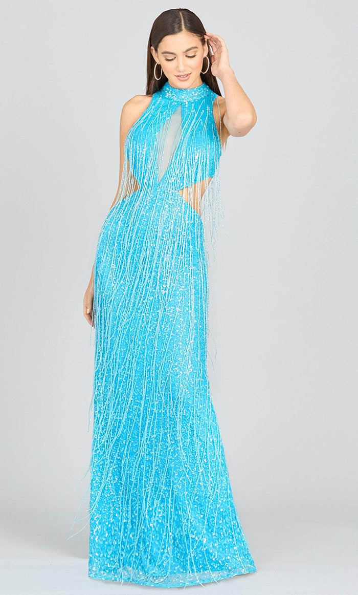 Lara Dresses 9973 - High Neck Fringed Prom Dress Special Occasion Dress 0 / Aqua
